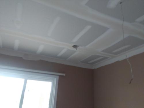 Client had severe water damage to bedroom ceiling.  We installed all new 5/8" sheetrock per building code on the ceiling, taped, finished and spray textured a medium Knockdown texture to match the existing texture in the home.